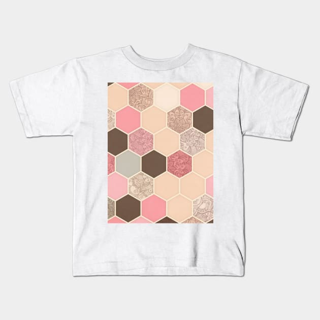 Caramel, Cocoa, Strawberry & Cream Hexagon & Doodle Pattern Kids T-Shirt by micklyn